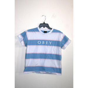 OBEY Clothing Pink, White and Blue Stripe Logo Baby T-Shirt Size Medium Womens